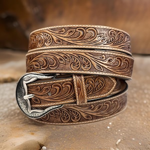 Cowboy Leather Tooled Western Engraved Leather Belt 100% Genuine Full Grain Cowhide Engraved Personalized Handmade Genuine Cowgirl Belt