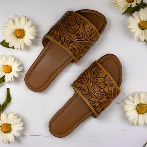 Western Leather Sunflower Tooled Sandals, Summer Cowgirl Shoes Slides, Tooled Leather Slippers For Her