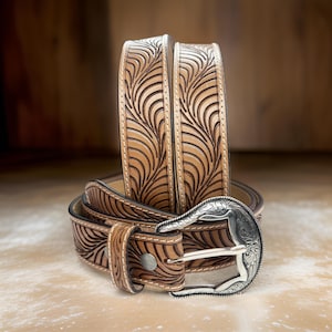 Western Full Grain Genuine Leather Belt Tooled Unisex Western Belt 1.5&quot; Wide Belt Removable Buckle