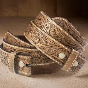 Tooled Western Floral Engraved Leather Belt 100% Genuine Full Grain Cowhide with Snaps 1-1/2&quot; WIDE Leather Snap-On Belt