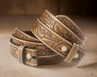 Tooled Western Floral Engraved Leather Belt 100% Genuine Full Grain Cowhide with Snaps 1-1/2" WIDE Leather Snap-On Belt