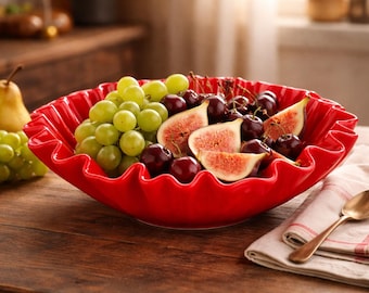 Ciotola da frutta vintage Fenton rosso mandarino con bordo ondulato, anni '30, in vetro di scoria