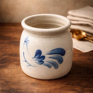 Puede incluir: Un tarro de cerámica color crema con un diseño de gallo azul. El tarro tiene un cuerpo redondeado y una abertura ancha. El gallo está pintado con un estilo sencillo y de arte popular. El tarro está sobre una superficie de madera.