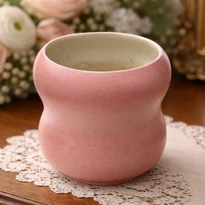 Puede incluir: Un jarrón de cerámica rosa con una forma de reloj de arena única. El jarrón tiene un acabado liso y mate y un interior claro. Se encuentra sobre una superficie de madera con un tapete de encaje, con flores en el fondo.