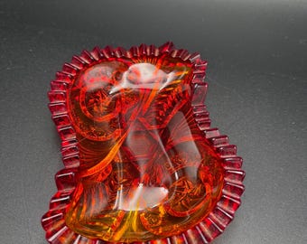 Nortec Pattern AKA Centipede Amberina plateau à relish en verre épais/plat à bonbons/cendrier