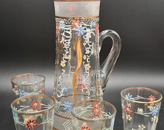 Juego antiguo victoriano de cristal pintado a mano para limonada, que incluye una jarra y 4 vasos a juego.