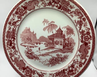 Oud ivoor Syracuse China Restaurant Ware Aziatische scène rood wit 9" bord