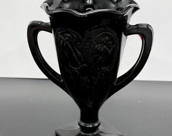vintage LE Smith dancing nymphs black amethyst cameo glass trophy vase.