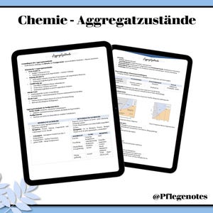 May include: Two black tablets displaying educational content on chemistry, specifically focusing on the states of matter. The tablets are set against a light blue background with a floral design in the lower left corner. Text at the top reads "Chemie - Aggregatzustände".