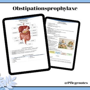 May include: Two digital tablets displaying medical diagrams and text related to "Obstipationsprophylaxe." One tablet shows an anatomical diagram of the digestive system. The other tablet presents detailed information and a food image. The background is light blue.