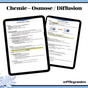 May include: Two digital tablets displaying notes on "Chemie - Osmose / Diffusion" in German. The tablets have black borders and are set against a light blue background. The text is in black, with some highlighted in yellow.