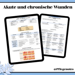 Könnte beinhalten: Zwei schwarze Tablets zeigen medizinische Informationen mit dem Titel "Akute und chronische Wunden" auf Deutsch. Die Tablets zeigen detaillierte Listen und Diagramme zur Wundversorgung mit Text und Illustrationen. Der Hintergrund ist hellblau mit dem Text "@Pflegenotes".