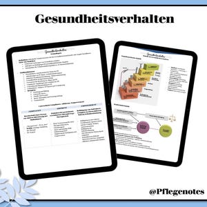 May include: Two digital tablets displaying educational diagrams and text related to health behavior. The tablets are black with white text and colorful diagrams. The text at the top reads "Gesundheitsverhalten". The bottom right corner of the image has the text "@Pflegenotes".