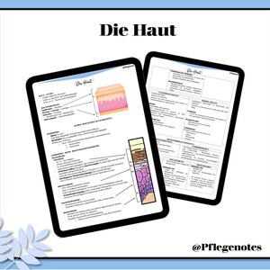 Könnte beinhalten: Ein druckbarer Lernzettel zum Thema menschliche Haut. Der Lernzettel enthält Diagramme der Hautschichten, eine Tabelle mit Informationen über die verschiedenen Hautzelltypen und einen Abschnitt zur Hautpflege. Der Text ist in deutscher Sprache.