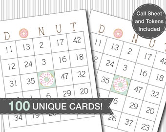 Donut Bingo Party Game 100 Unique Cards Printable