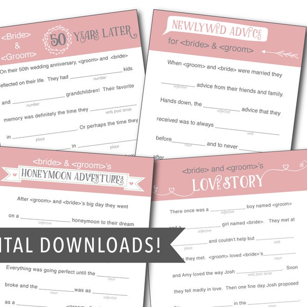 Custom Wedding Mad Libs- Rose Gold, FOUR Stories, Reception Game