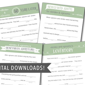 CUSTOM Wedding Mad Libs FOUR STORIES, Sage Green Template