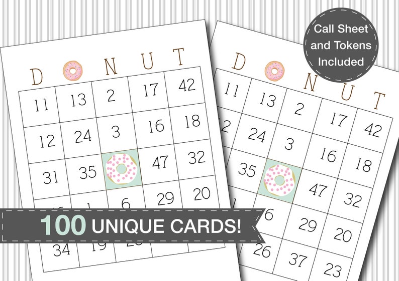 Donut Bingo Party Game 100 Unique Cards Printable image 1