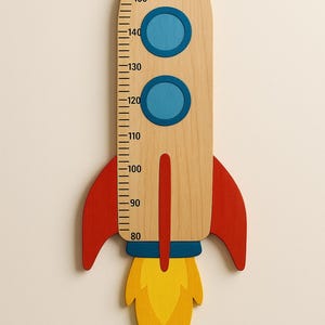 May include: Wooden rocket-shaped growth chart with red fins and top, blue porthole-like circles, and yellow and orange flames. The chart has a measurement scale in inches from 80 to 150.