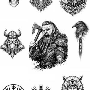 May include: A collection of black and white illustrations featuring Viking-themed imagery. The images include a skull with a horned helmet, a woman in a hooded cloak, a raven, a Viking warrior, and various Norse symbols.