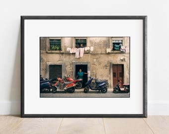 Lisbon Couple with Scooters 1997. Vintage Color Film Fine Art Street Photography Print, Large Wall Art Photo Prints.