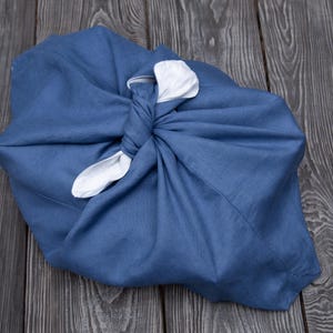 Linen Bento Bag Slate Blue - Origami Bag double-Layer - Zero Waste Food Storage - Handmade checked bread bag - Japanese Reusable gift wrap