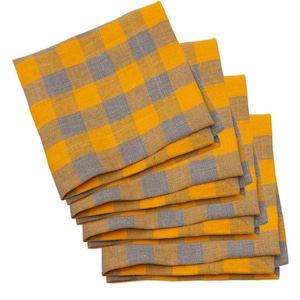 Natural Linen Napkins Yellow Gray Gingham Cloth for Table Setting -  Soft linen checked fabric - mitred corner