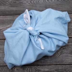 Linen Bento Bag Light Blue - Origami Bag double-Layer - Zero Waste Food Storage - Handmade checked bread bag - Japanese Reusable gift wrap