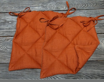 Set 2 dubbelzijdig linnen gewatteerd zitkussen met strikbanden terracotta - linnen zitkussen voor Thonet-stoel - hoes stoel cadeau voor moeder