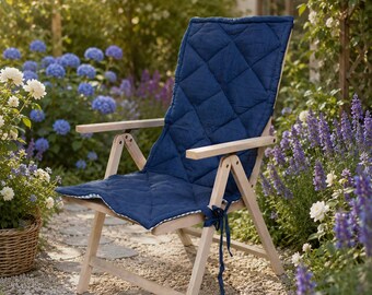 Cojín acolchado de lino con respaldo para silla de jardín plegable - Tumbona de playa de lino acolchada portátil - Cojín de patio azul marino para exteriores