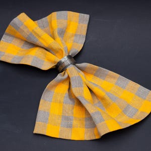 Linen Napkins Yellow Gray Gingham Soft Natural Cloth for Table Setting for Wabi Sabi decor -  natural linen checked fabric - mitred corner