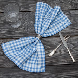 4th July Linen Table napkin - Soft Linen Napkins Blue White Checked - Natural Cloth for Table Setting for Cottage Style decor