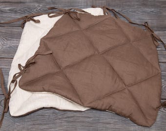 Juego de 2 cojines de asiento acolchados de lino de doble cara con lazos, color marrón y beige - Cojín de asiento de lino para silla Thonet - Funda para silla - Decoración para el Día del Padre