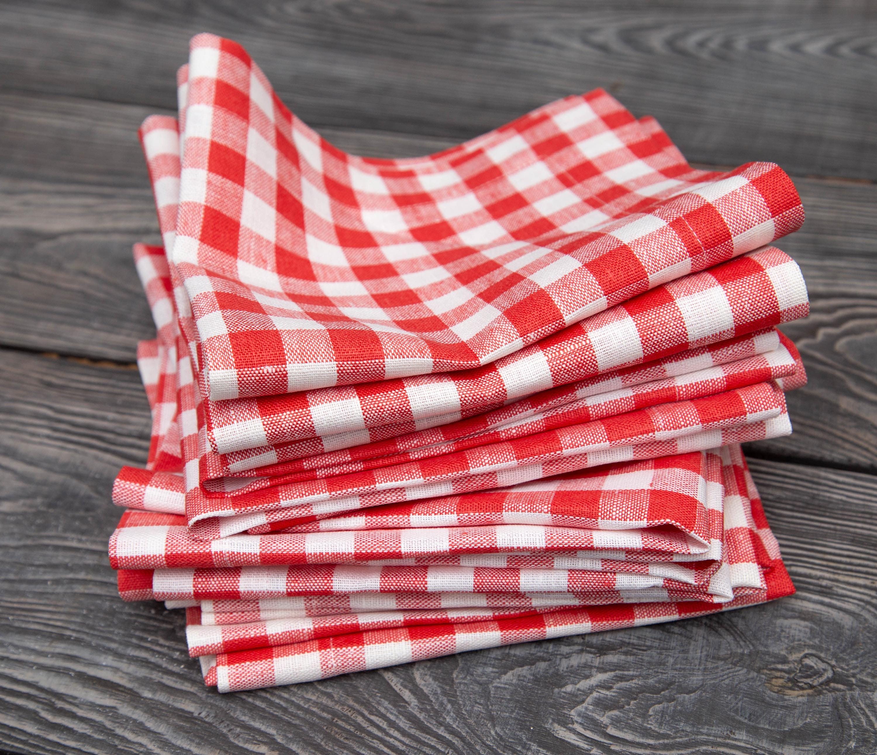 卸売セット 200枚 リネン ディナーナプキン 赤白チェック 16x16インチ