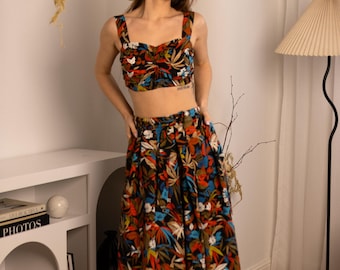 Premium Cotton Crop Top and Midi Skirt Set Black Floral Summer women co-ords