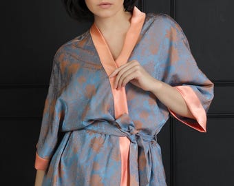 Premium Silk Viscose Kimono Robe Short Bohemian Blue Copper Jacquard