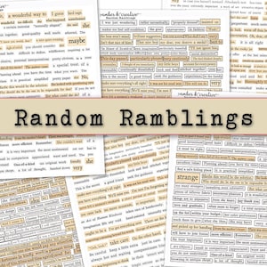 May include: A collection of printed paper sheets featuring the title Random Ramblings in black text on a beige banner. The sheets are covered in numerous individual rectangular boxes, each containing a unique English word or short phrase.