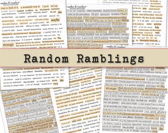 May include: A collection of printed paper sheets featuring the title Random Ramblings in black text on a beige banner. The sheets are covered in numerous individual rectangular boxes, each containing a unique English word or short phrase.