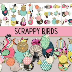 Könnte beinhalten: Eine Sammlung von bunten, skurrilen Vogel-Illustrationen mit Patchwork-Design. Die Vögel bestehen aus verschiedenen Mustern und Texturen, darunter Punkte, Streifen und Blumenmuster. Der Titel "Scrappy Birds" ist oben im Bild zu sehen.