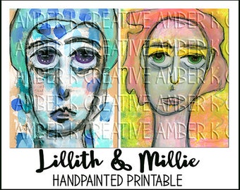 Printable Faces - Lillith & Millie - Art Journal - Wall Art - Junk Journal - Greeting Cards - Ephemera - Printable Girls