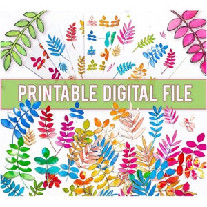 Peut inclure: Une collection d'illustrations de feuilles style aquarelle dans diverses couleurs dont vert, bleu, rose, orange et jaune, disposées sur un fond blanc avec une bannière verte centrale contenant le texte PRINTABLE DIGITAL FILE.