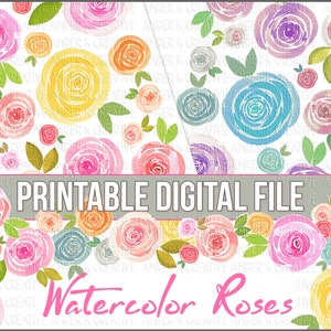 Peut inclure: Un fichier numérique présentant un motif répétitif de roses à l'aquarelle dans des tons de rose, jaune, orange, bleu, violet et gris avec des feuilles vertes. Le texte PRINTABLE DIGITAL FILE et Watercolor Roses est affiché sur le motif floral.