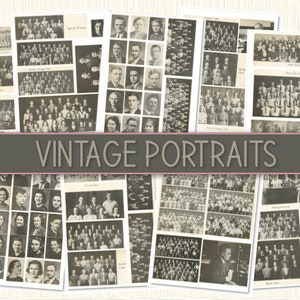Op de afbeelding: Een collage van vintage zwart-witfoto's met portretten van mensen uit verschillende schoolclubs en organisaties. De foto's zijn in een rasterpatroon gerangschikt en bevatten tekstlabels zoals "Speech Women", "Senior Girls Club", "Junior Girls Club", "Chorus", "Orchestra", "Basketball Club", "Track Club" en "Math Club".