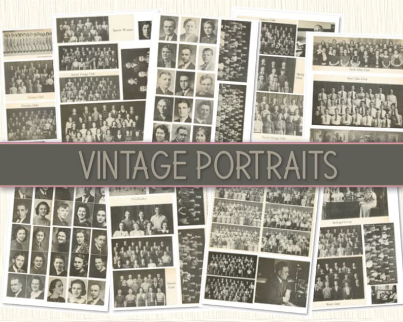 Op de afbeelding: Een collage van vintage zwart-witfoto's met portretten van mensen uit verschillende schoolclubs en organisaties. De foto's zijn in een rasterpatroon gerangschikt en bevatten tekstlabels zoals "Speech Women", "Senior Girls Club", "Junior Girls Club", "Chorus", "Orchestra", "Basketball Club", "Track Club" en "Math Club".