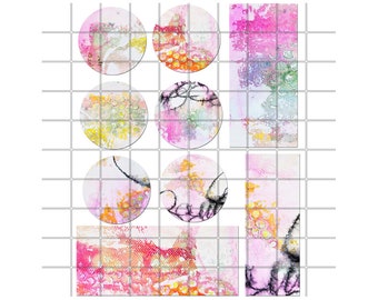 May include: Abstract art print featuring a grid pattern with colorful circular and rectangular designs. The artwork showcases a mix of pink, yellow, orange, and black hues, with textured and patterned elements.