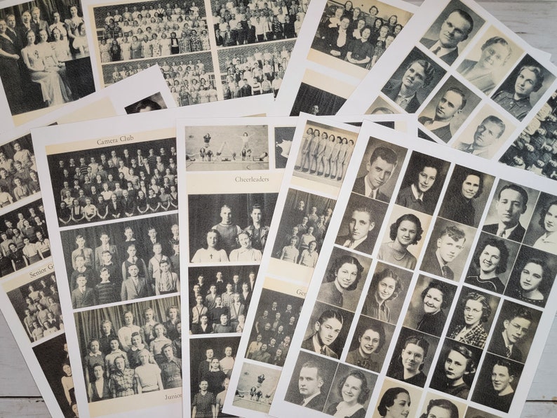 Op de afbeelding: Zwart-witfoto's van studenten van verschillende schoolclubs, waaronder de Camera Club, Cheerleaders, Senior Girls en Juniors. De foto's zijn in collagevorm op een witte achtergrond gerangschikt.