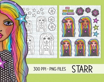 Digi Stamp & Art Journal Printables → Mixed Media Girl → Starr → Face Stamp Rainbow Girl