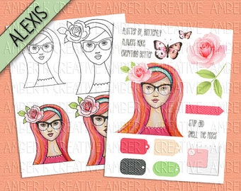 May include: A collection of art prints featuring a woman with red hair, glasses, and a floral headband. The prints include sketches and watercolor illustrations with the text "Flutter by, butterfly, flowers make everything better" and "Stop and smell the roses."