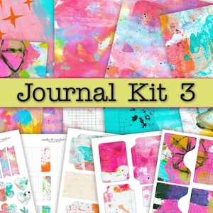 May include: A selection of art journal kit components. The image showcases abstract painted papers in pink, blue, yellow, and orange hues. The text "Journal Kit 3" is on a yellow banner. Sticker sheets with watercolour designs are also visible.
