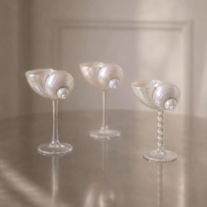 Turban Shell Coupe Glasses, Mother of Pearl Cocktail Glass, Handblown Stem Barware, 2026 Wedding Table Decor, One of a Kind Coastal Gift